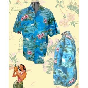 Vintage 80s KY'S Hawaiian Blu Palms Hibiscus Flowers Beach Shirt Size L